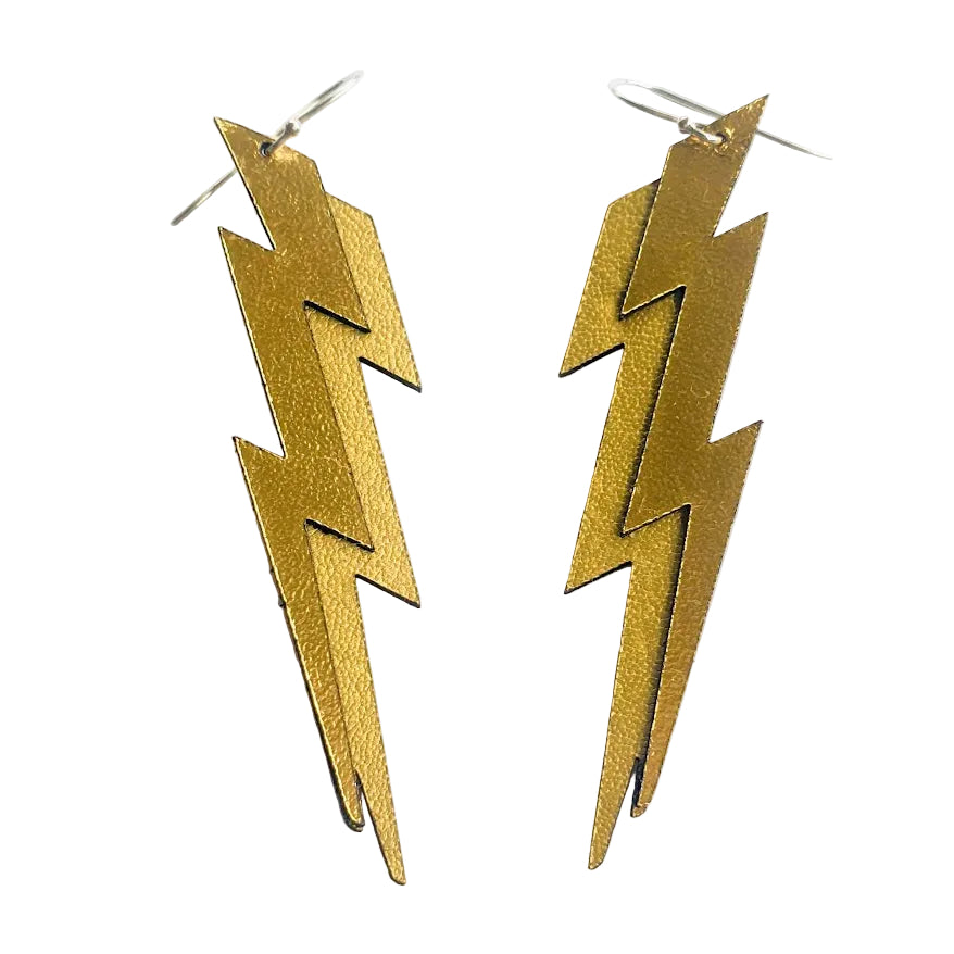 Gold Lightning Bolt Leather Earrings | Lightweight Statement Earrings Australia