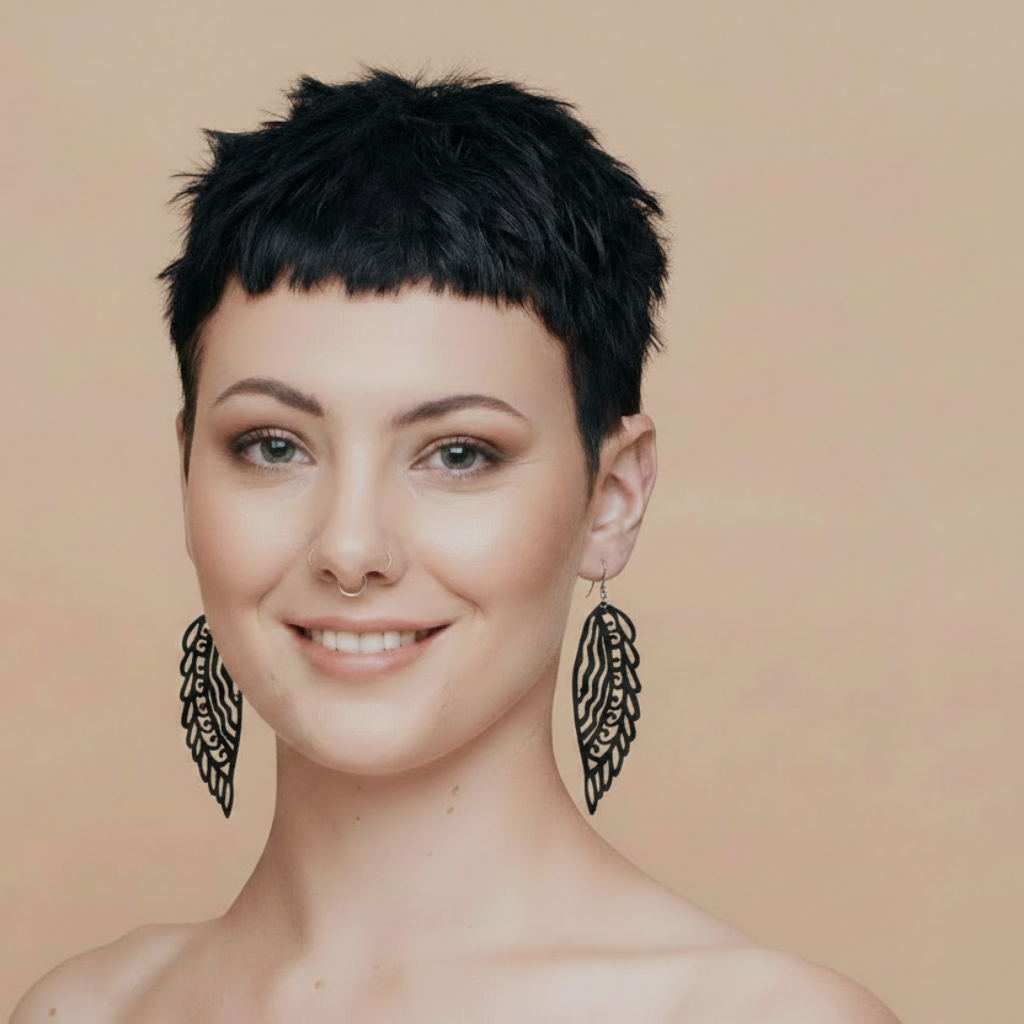 Model wearing very short Black Peacock Wing Earrings