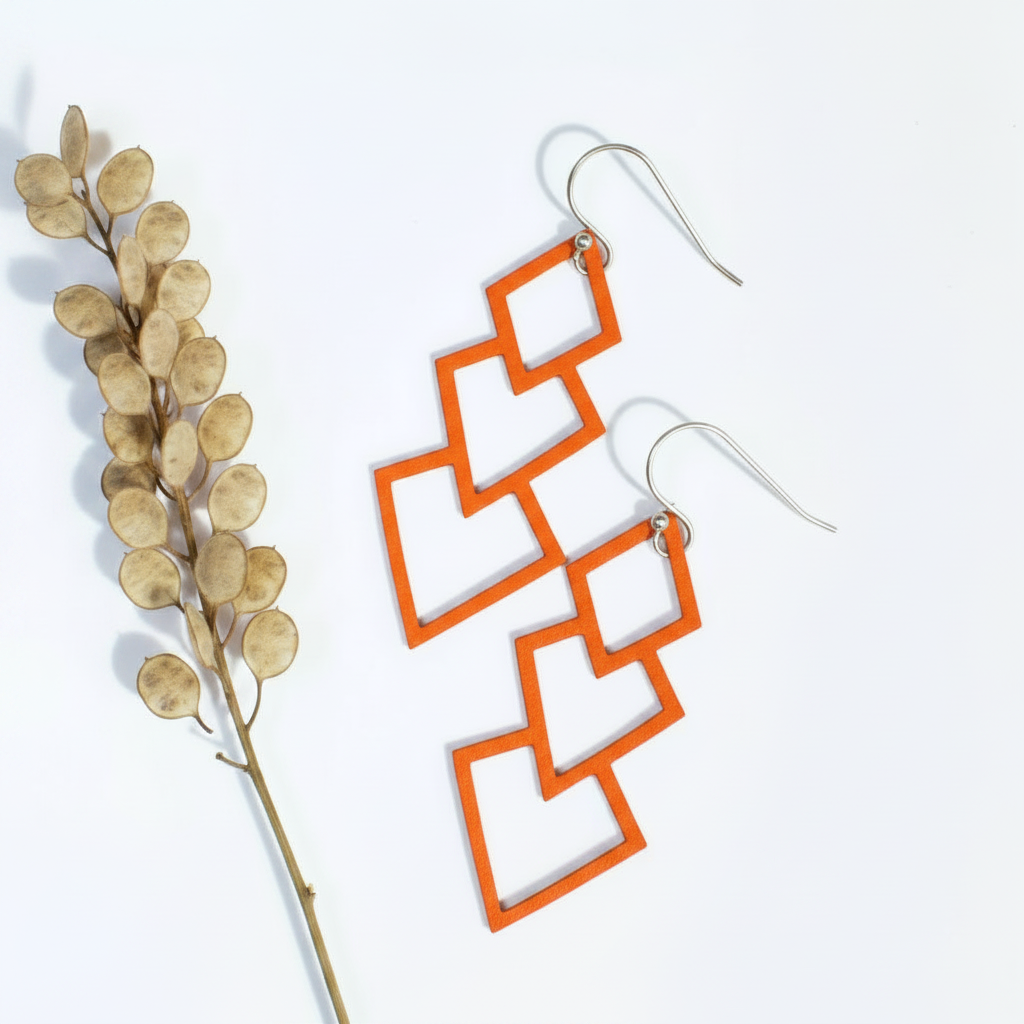 Orange Geometric Earrings with Seed Pods