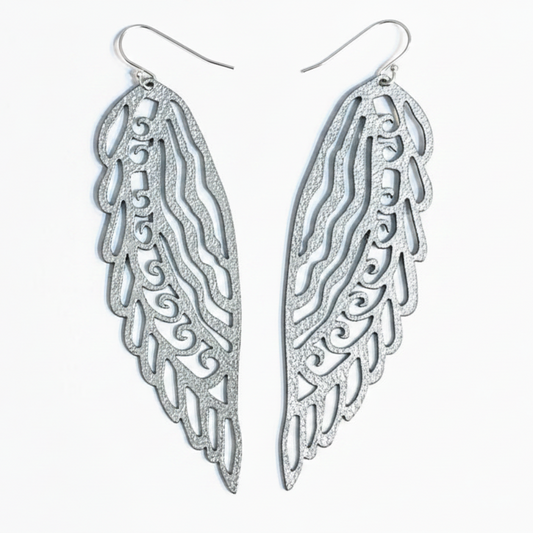 Peacock Wing Earrings in Shimmery Silver