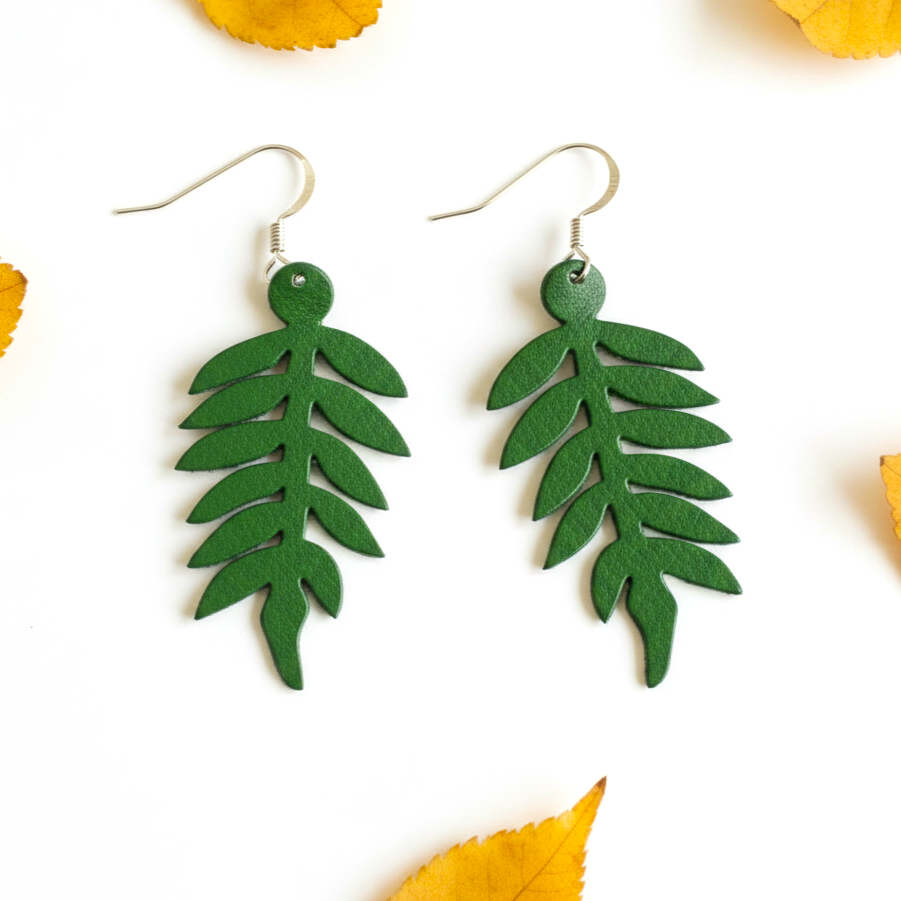Fern Leaf Leather Earrings | Lightweight Drop Earrings Australia