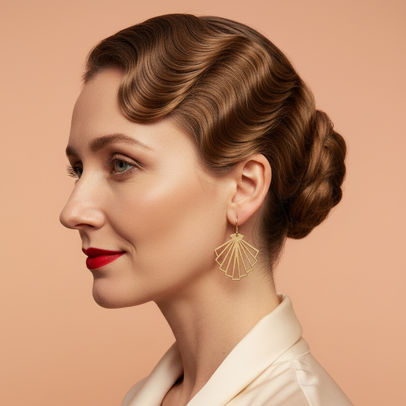 1920s Glamour Model with Art Deco Fan Earring