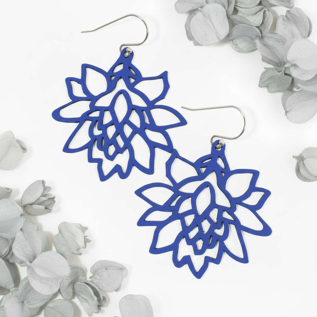 #2A21A6 blue lotus earrings flat lay
