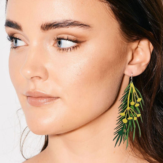 Botanical Wattle Layered Leather Earrings | Lightweight Earrings Australia