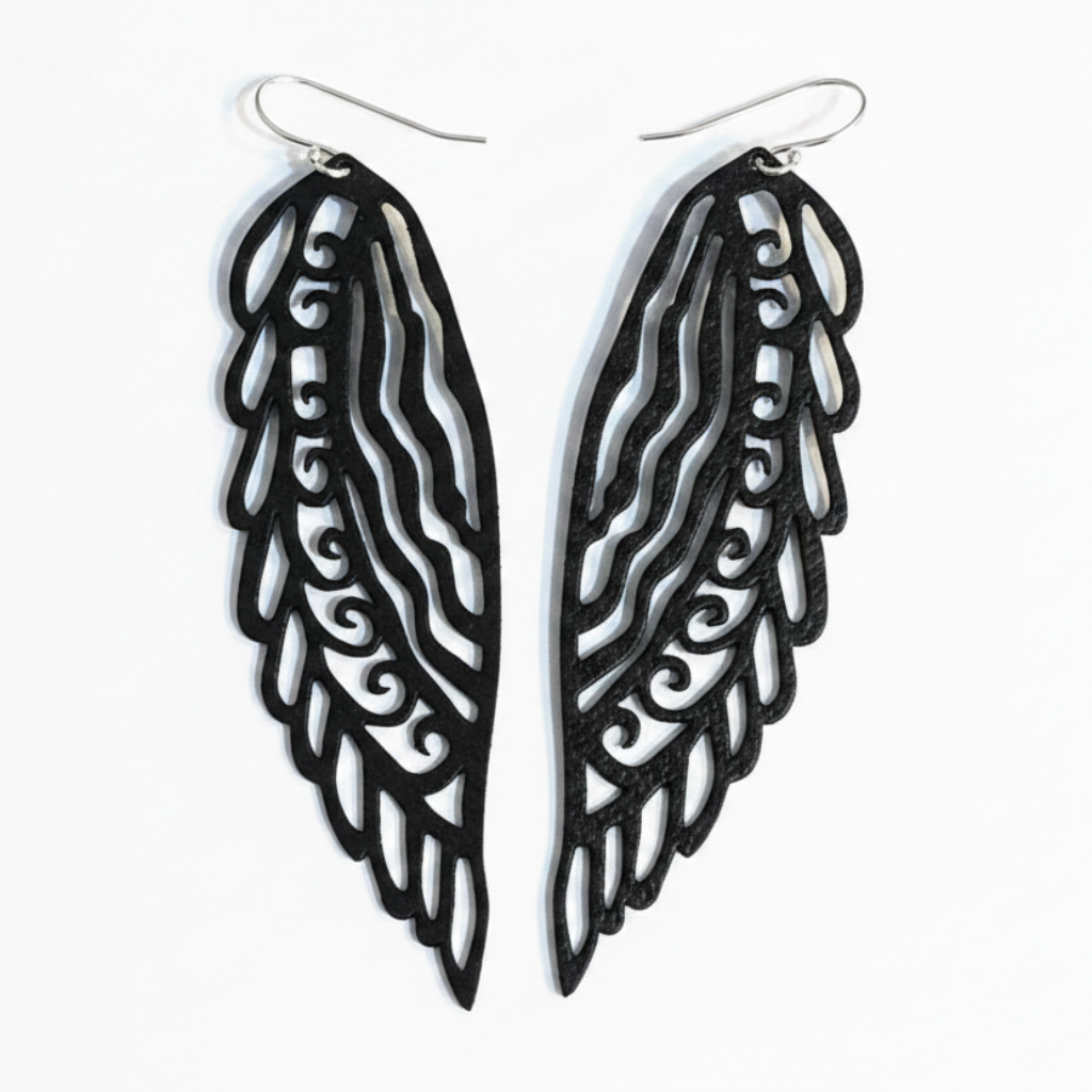 Black Peacock Wing Earrings on Silver Hooks