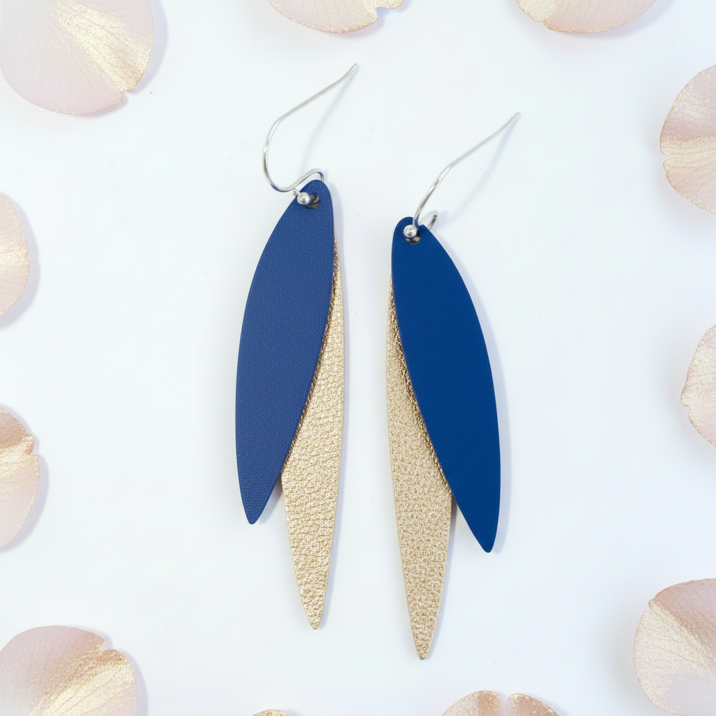 Blue and gold earrings with gold petals