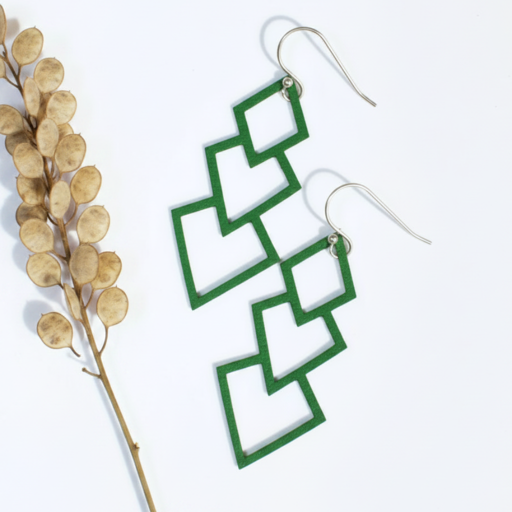 Dark Green Geometric Earrings with Seed Pods