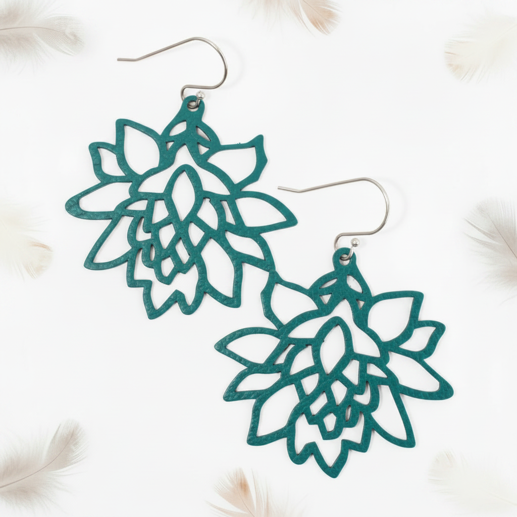 Darker teal leather flower earrings with feather props