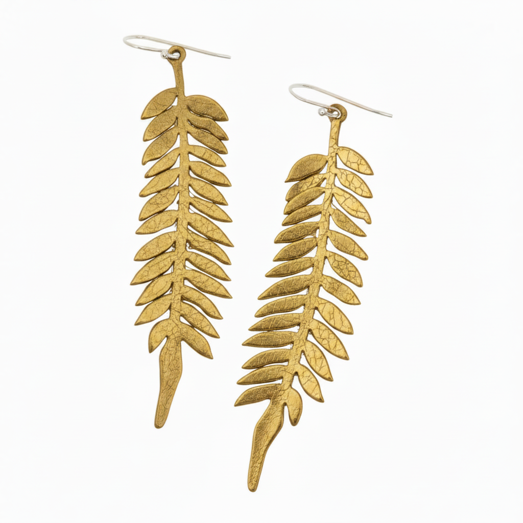 Fern Earrings - Antique Gold with Leather Texture