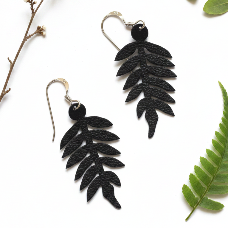 Fern Earrings - Black with Leaf Background