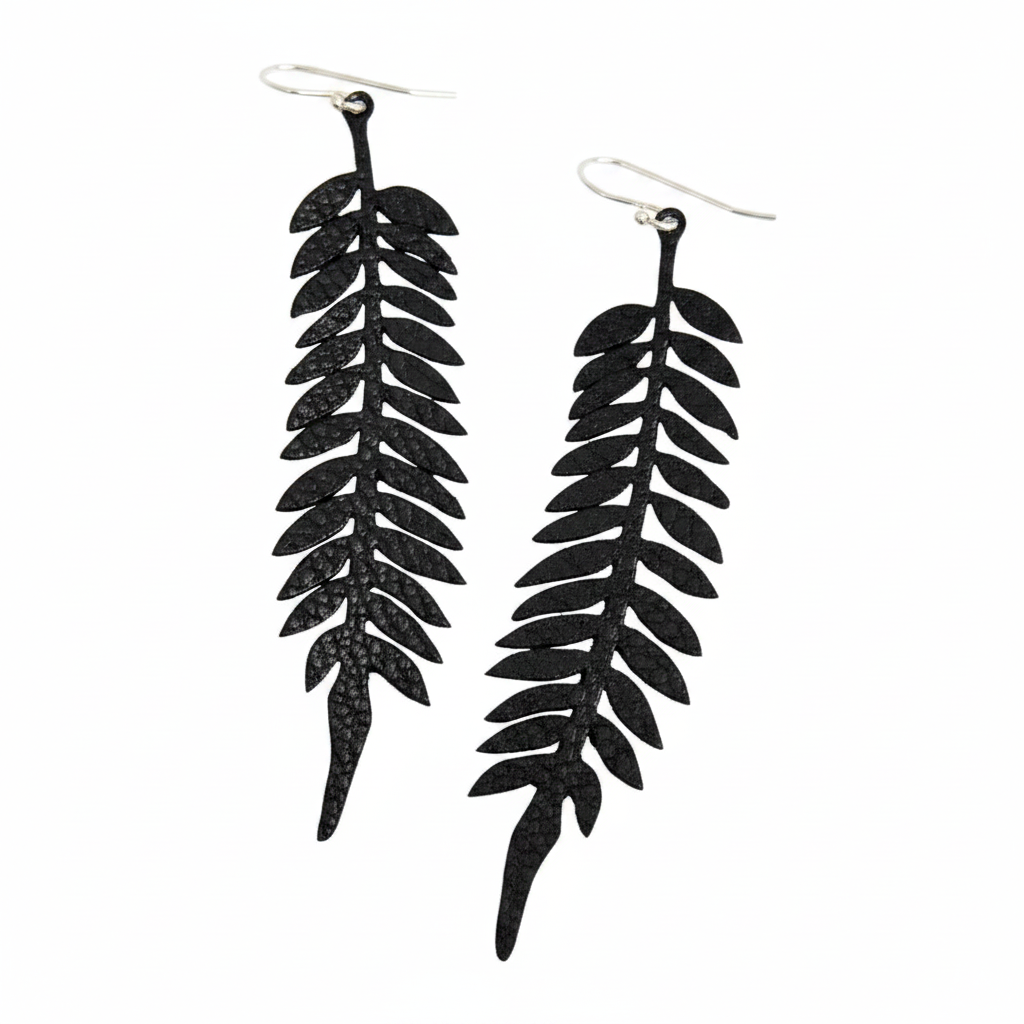Fern Earrings - Black with Leather Texture
