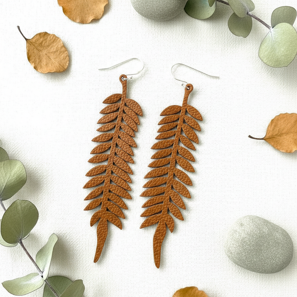 Fern Earrings - Darker Tan with Nature Background