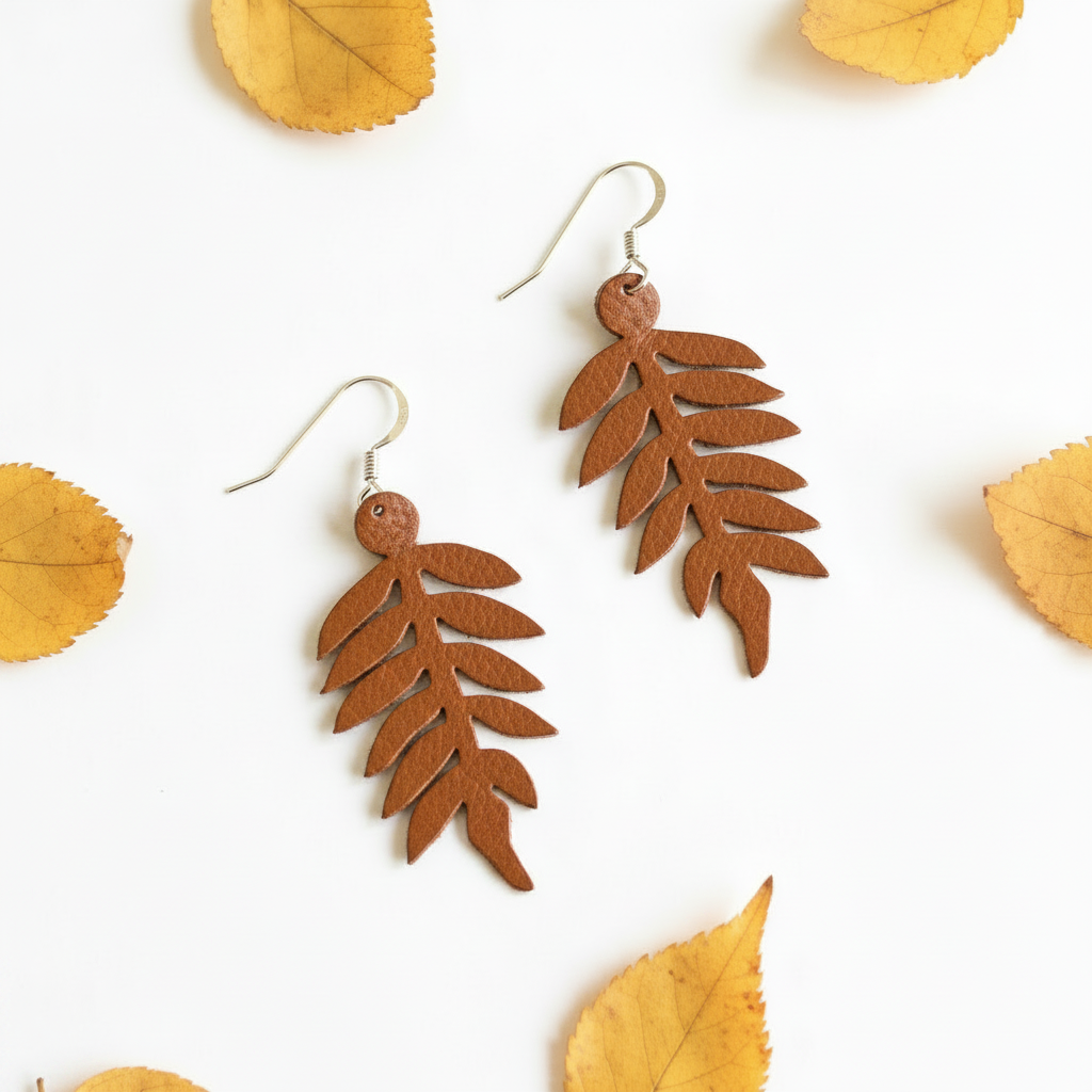 Fern Earrings - Darker Tan with Yellow Autumn Leaves Background