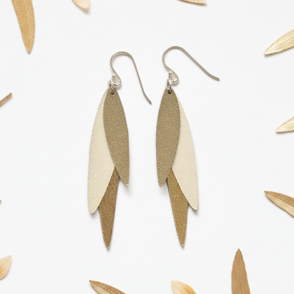Gold Earrings with Feathers and Petals