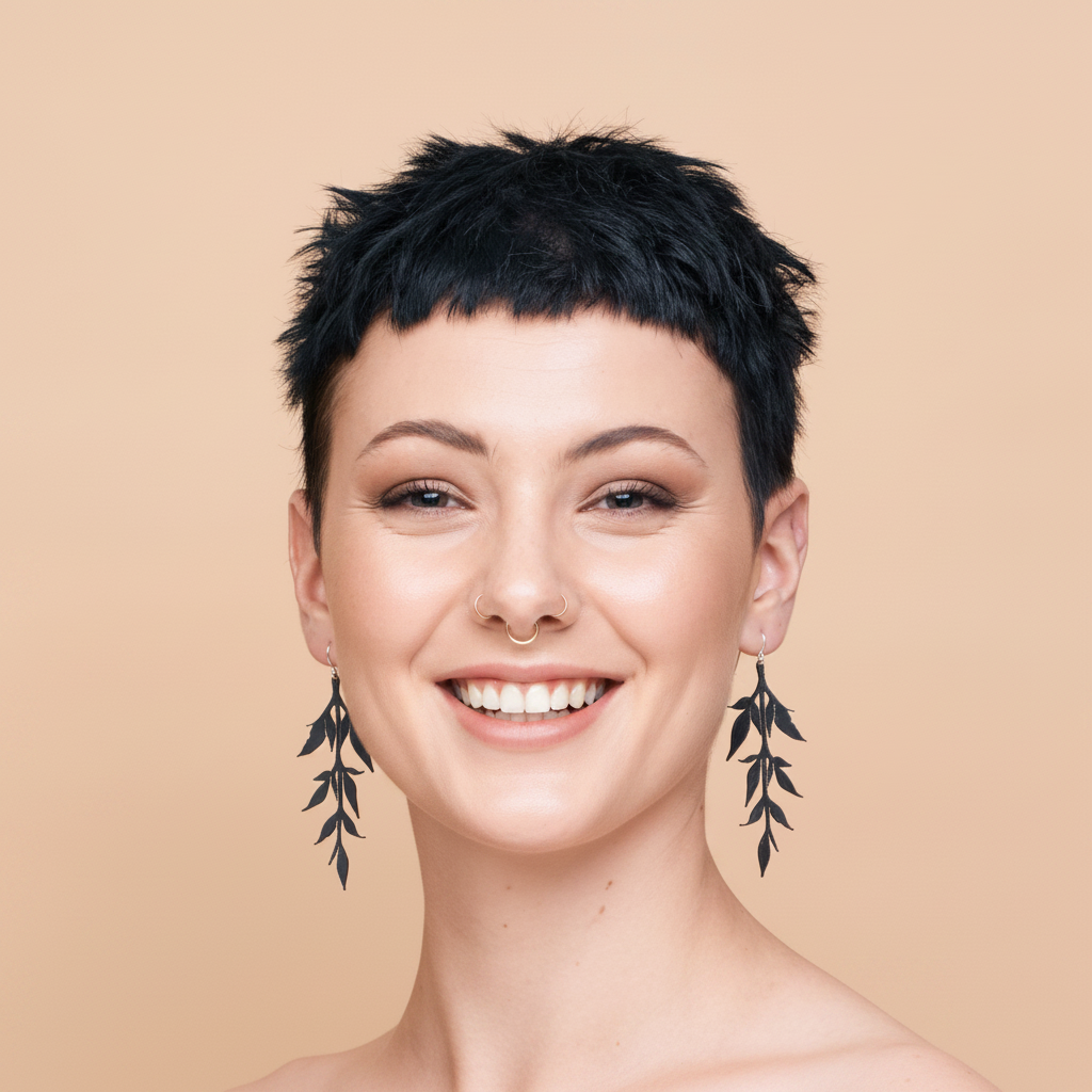 Happy model with leaf vine earrings
