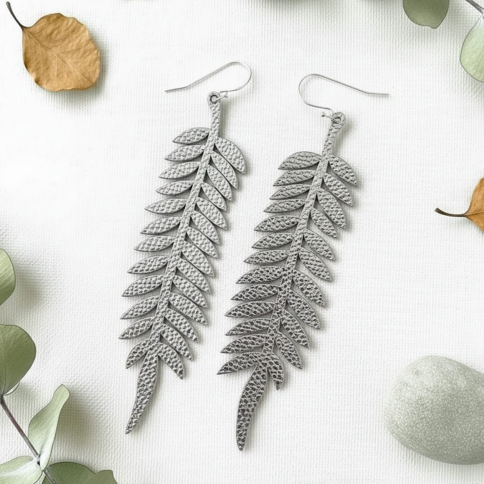 Large Fern Earrings - Polished Metallic Silver with Nature Background