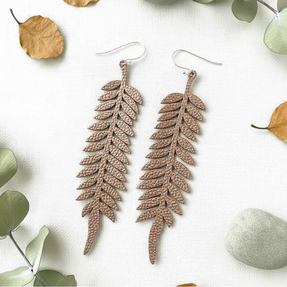 Large Fern Earrings - Rose Gold with Nature Background