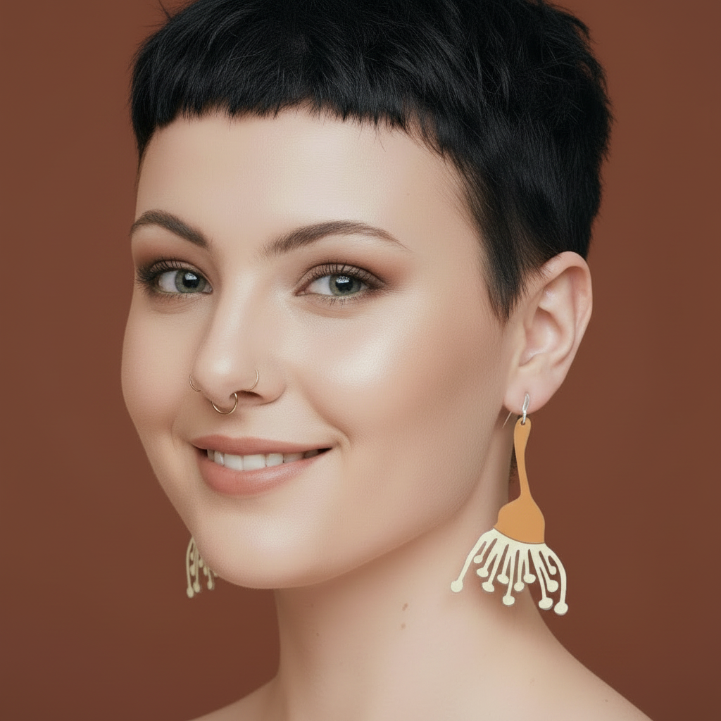 Model Side On Smiling Wearing Eucalyptus Earrings