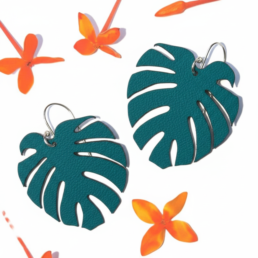 Monstera earrings in #2598AD teal