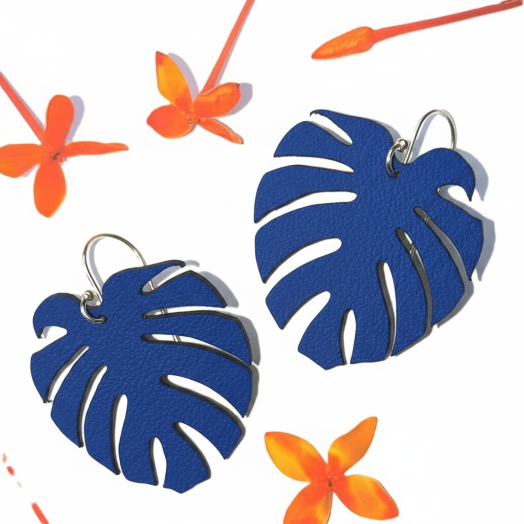 Monstera earrings in #2731B9 cobalt blue