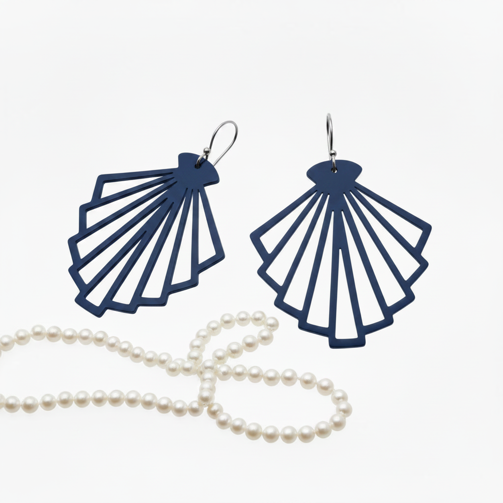 Navy Fan Earrings with Pearl Styling