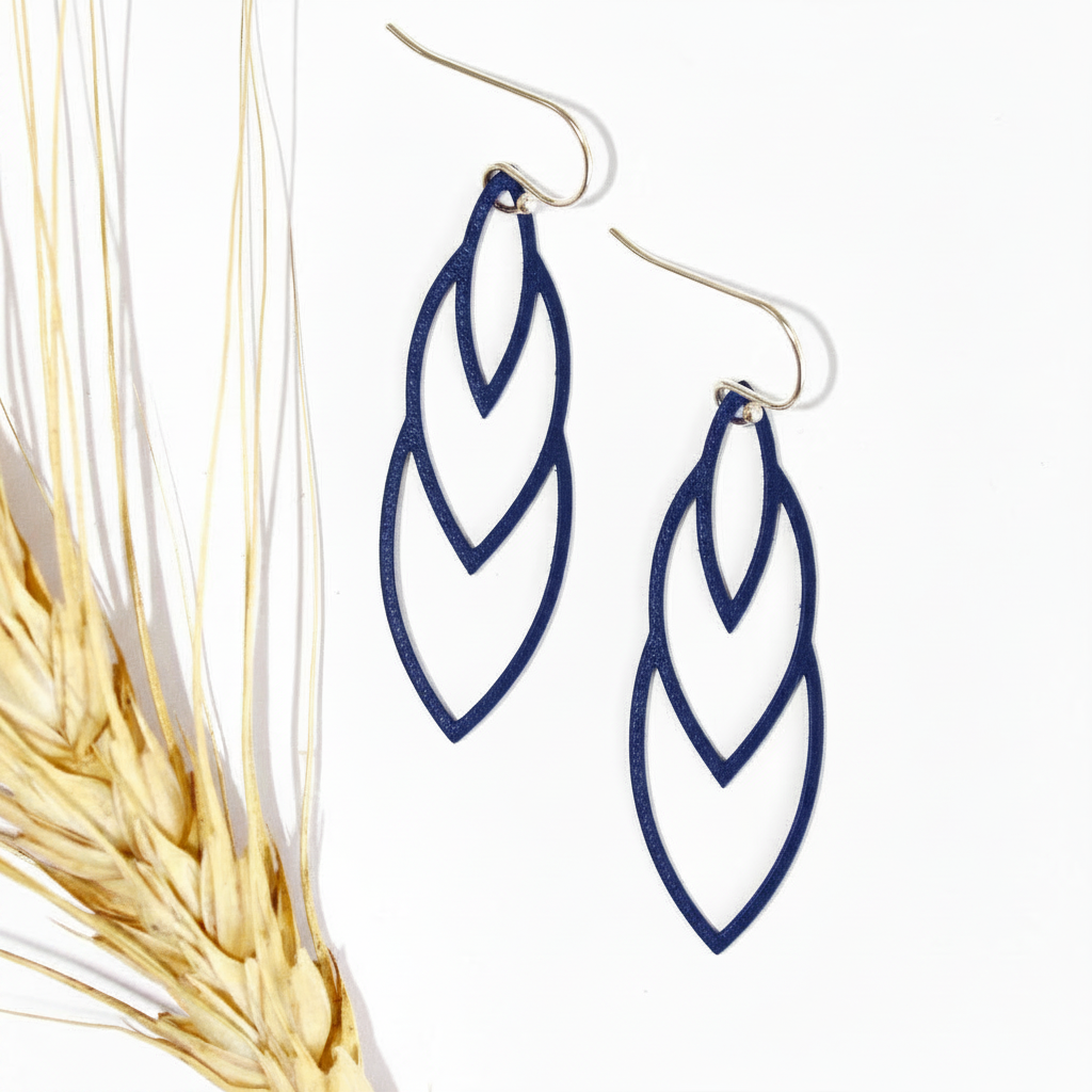 Navy Leather Leaf Earrings