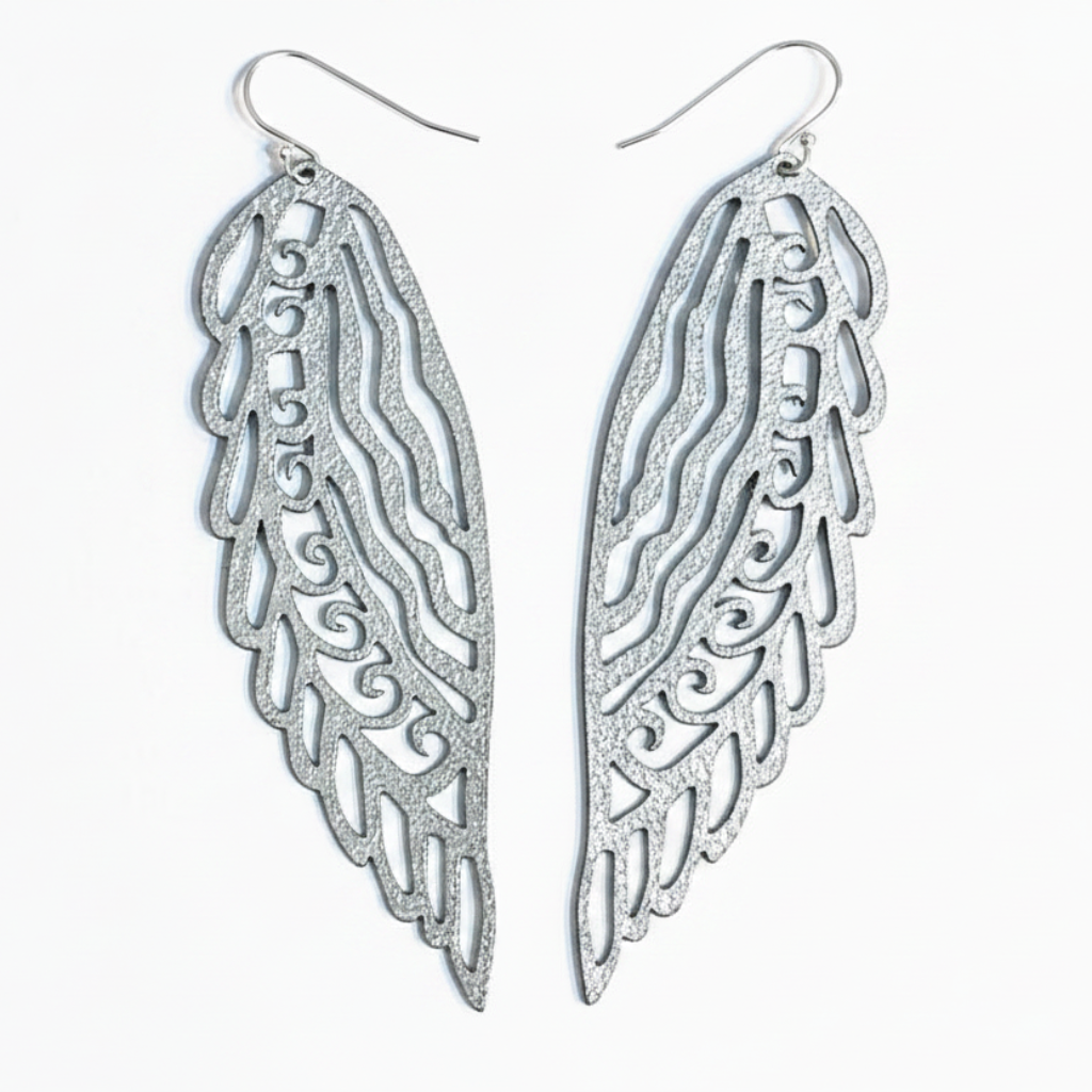 Peacock Wing Earrings in Shimmery Silver