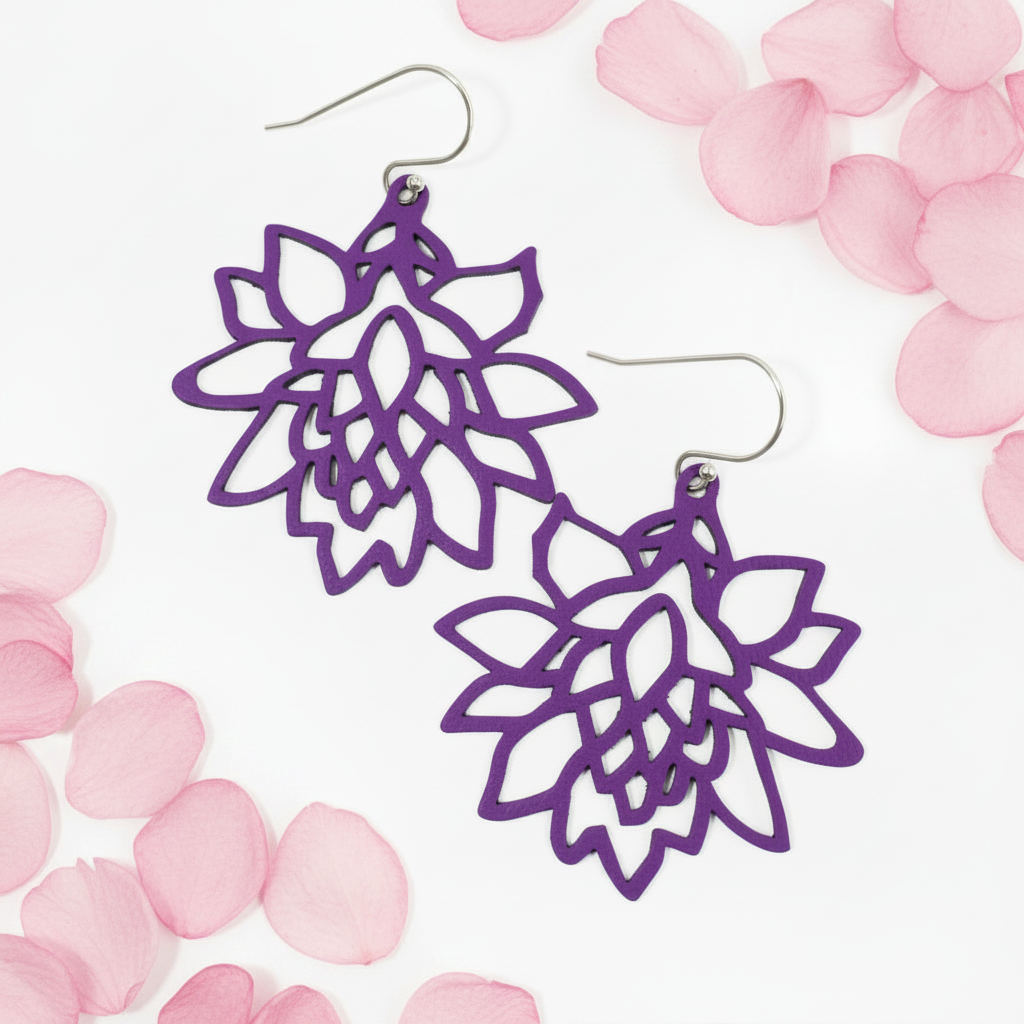 Purple #A54DCF lotus earrings with pink petals