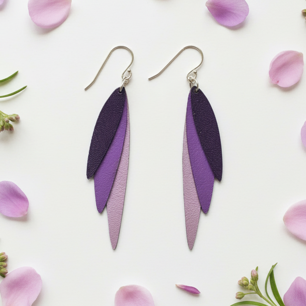 Purple Swallow Earrings with Pink and Purple Petal Background