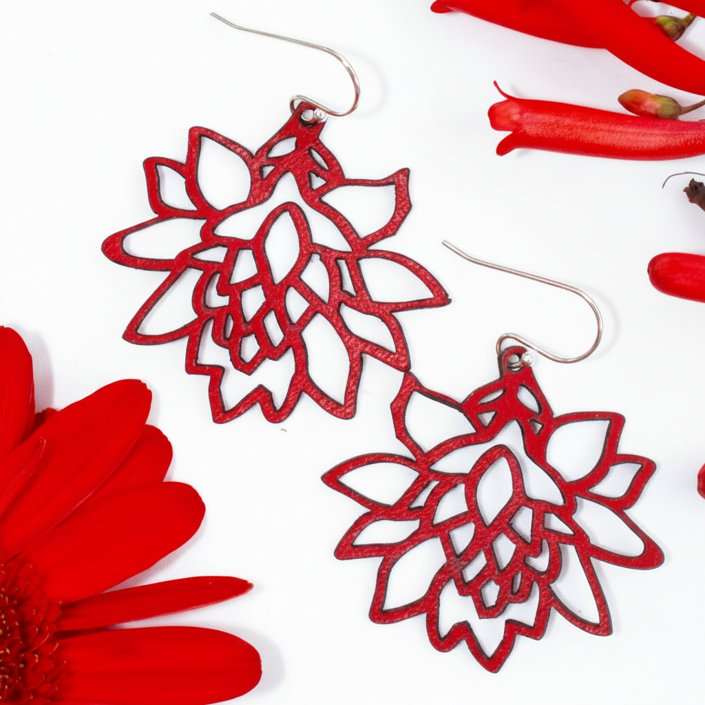 Red flower earrings on pure white background