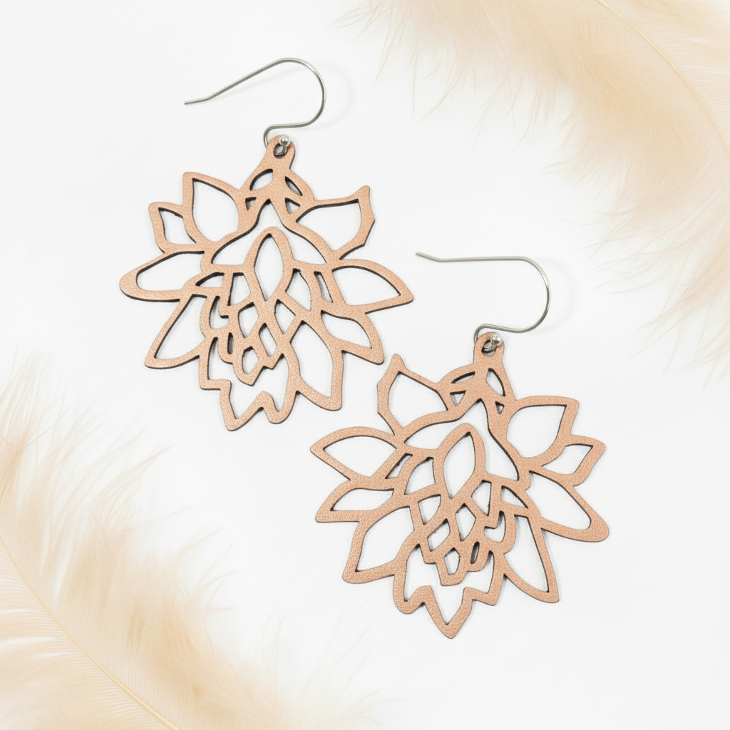 Rose gold #D4AD73 lotus earrings with beige feathers