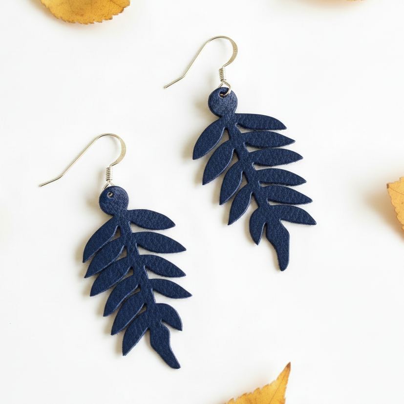Small Fern Earrings - Deep Royal Blue with Autumn Leaf Background