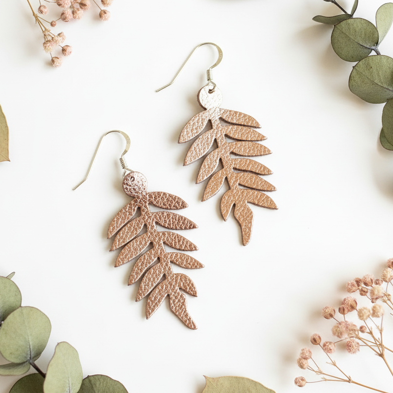 Small Fern Earrings - Rose Gold with Leafy Background