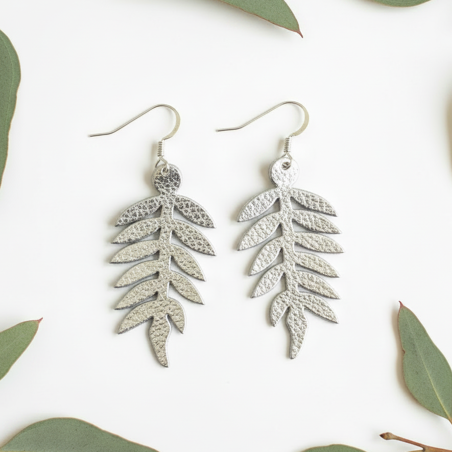 Small Fern Earrings - Silver Smooth with Eucalyptus Background