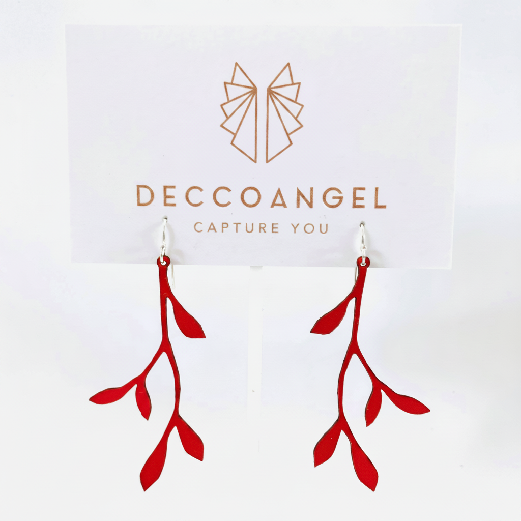 Small red leaf vine earrings