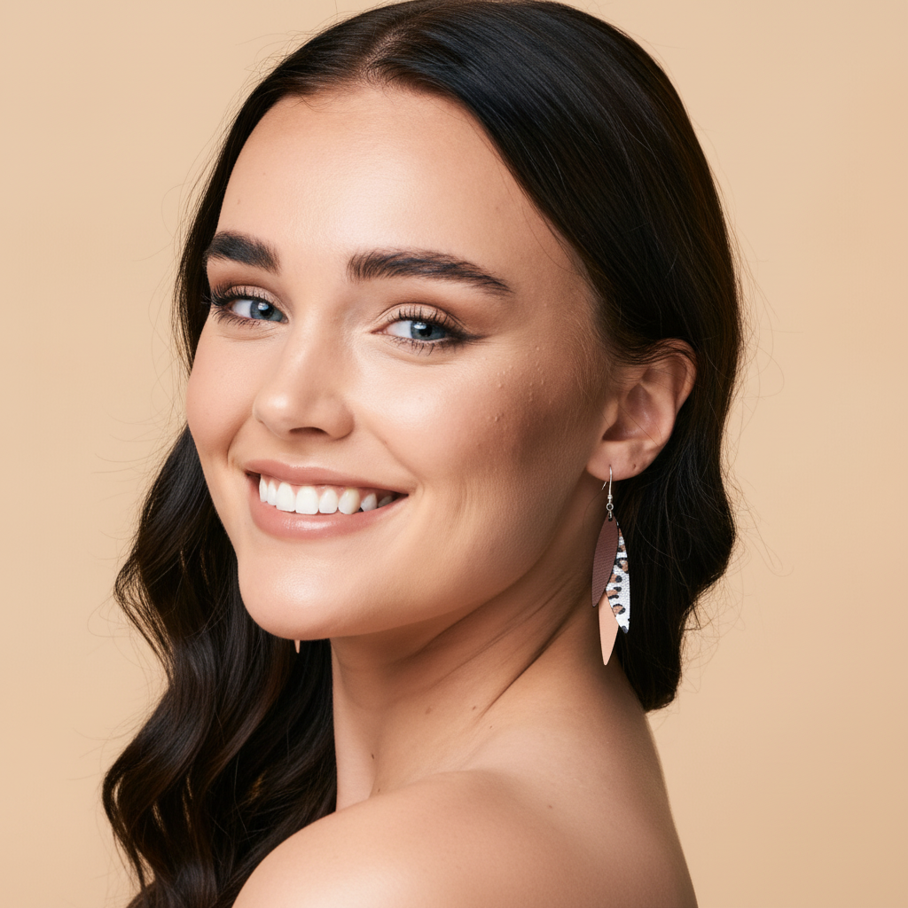 Smiling model with geometric earrings