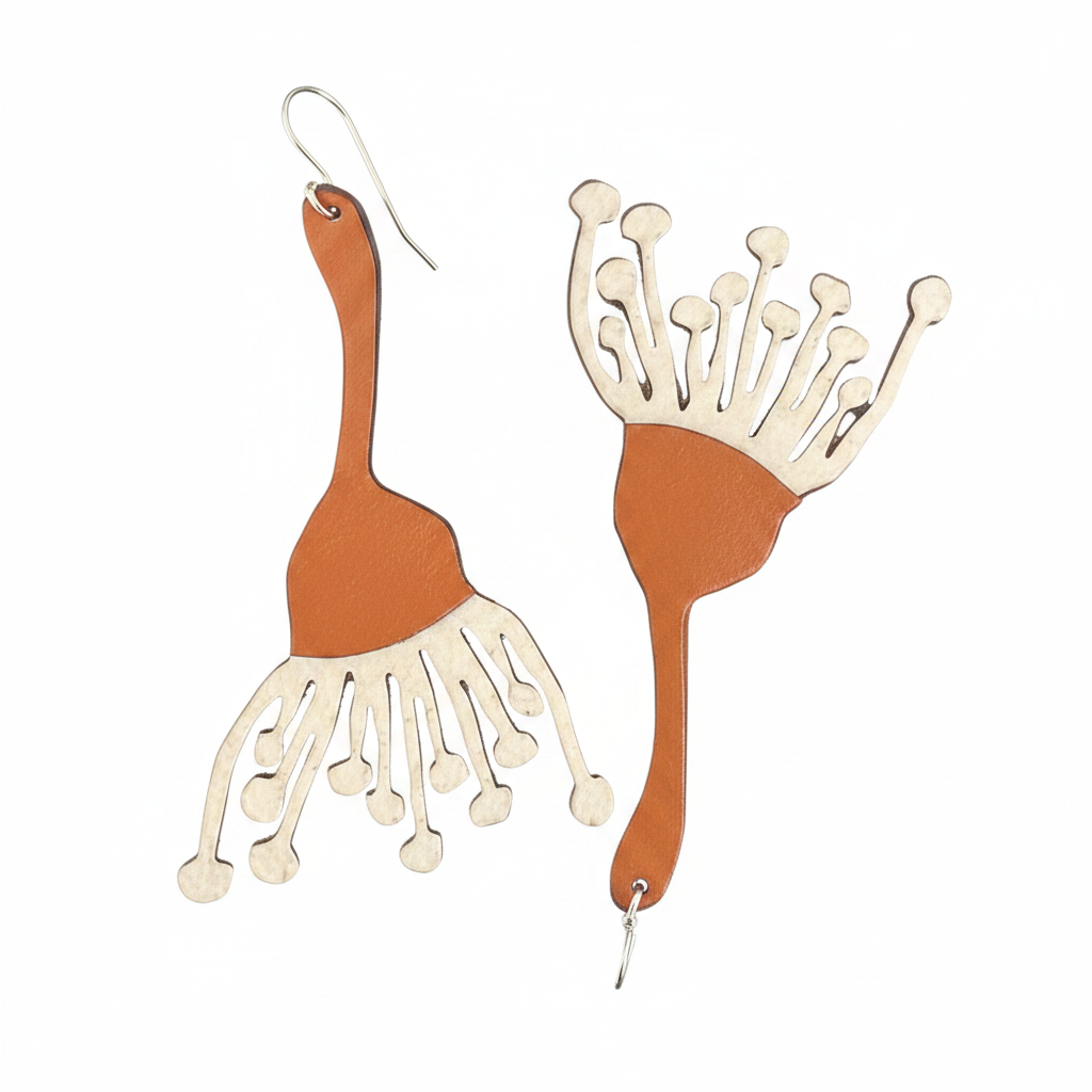 Tan and Cream Eucalyptus Earrings White Background
