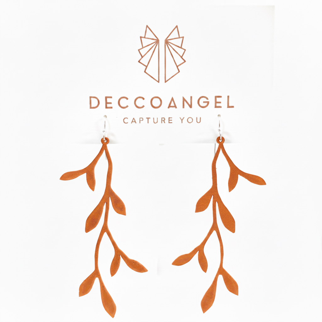Tan leather leaf vine earrings #E0731A
