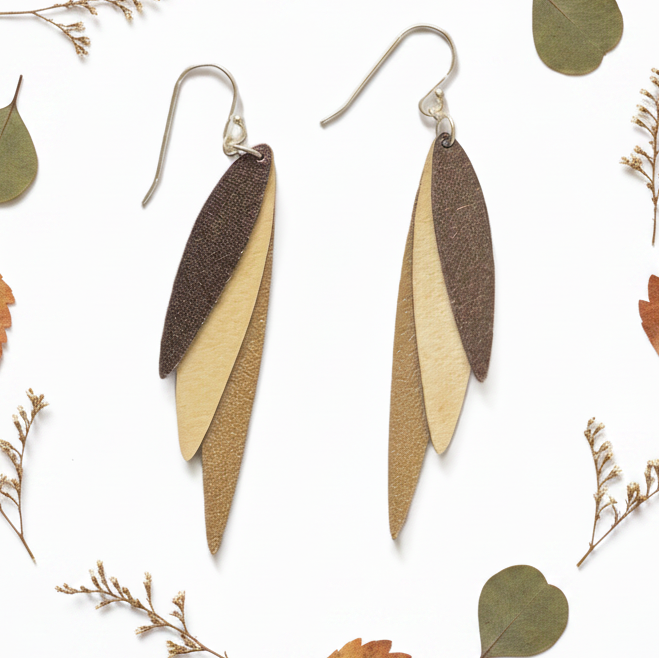Rose gold Swallow Earrings with Irregular Dried Leaf Background