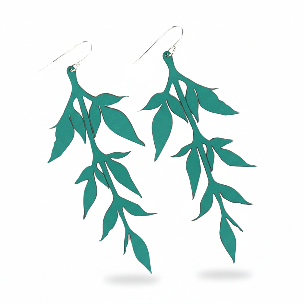 Teal leaf vine earrings - exact color match